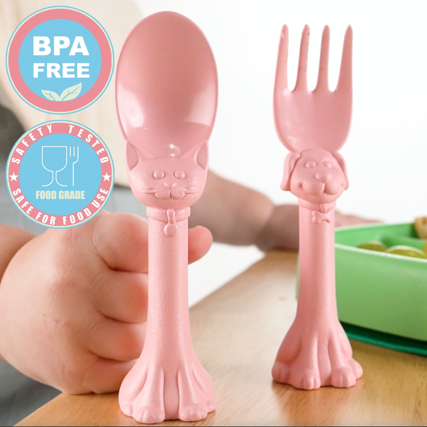 Made in USA Spoon la la Toddler Utensils Set - 6 Pack (3 Spoons & 3 Forks for Kids) - Self-Standing 3D Ergonomic Cat & Dog Handles - BPA-free, Dishwasher Safe, Baby Silverware (Blue, Pink, Mint)