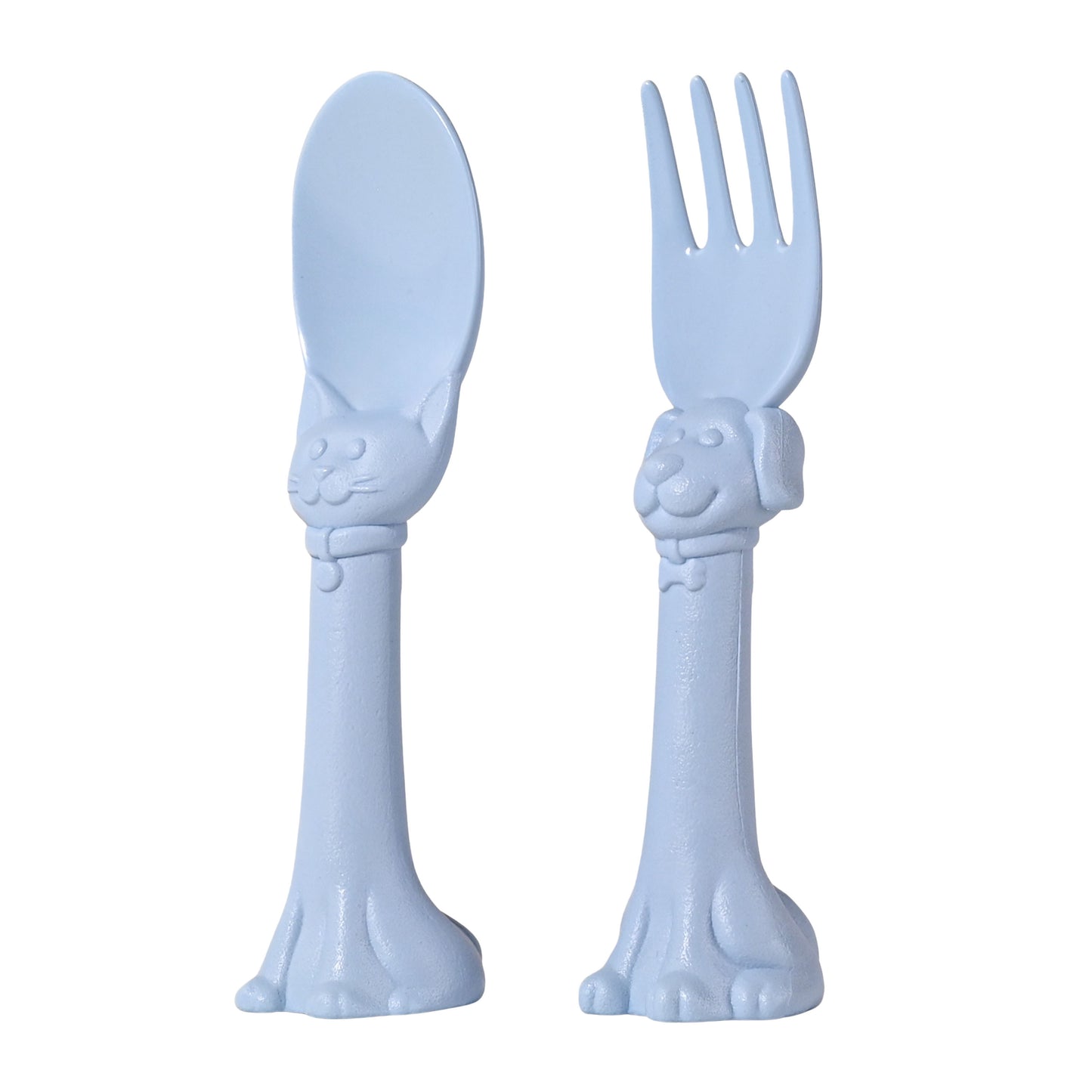 Made in USA Spoon la la Toddler Utensils Silverware Set - 2 Pack (1 Spoon & 1 Fork for Kids) - Self-Standing 3D Ergonomic Cat & Dog Handles - BPA-free, Dishwasher Safe, Baby Silverware (Blue)