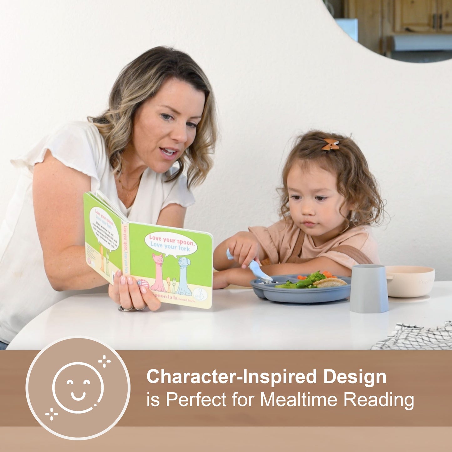 Made in USA Spoon la la Toddler Utensils set Silverware Set (2 Pack) & Board Book - Spoon & Fork for Kids, Self-Standing 3D Ergonomic Cat & Dog Handles, BPA-free, Dishwasher Safe Baby Silverware (Blue)