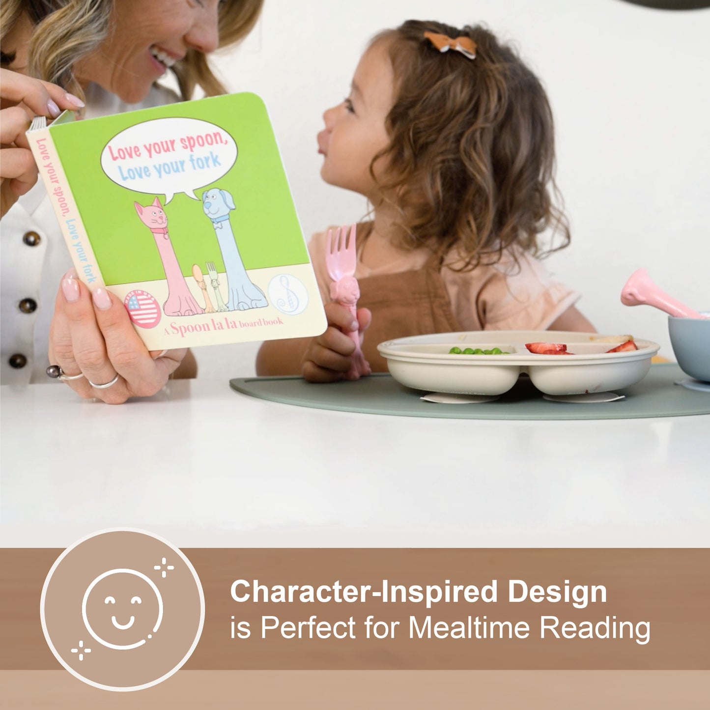 Made in USA Spoon la la Toddler Utensils Silverware Set (2 Pack) & Board Book - Spoon & Fork for Kids, Self-Standing 3D Ergonomic Cat & Dog Handles, BPA-free, Dishwasher Safe Baby Silverware (Pink)