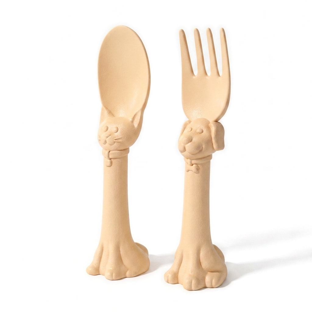 Spoon la la Made in USA Toddler Utensils Silverware Set - 2 Pack (1 Spoon & 1 Fork for Kids) - Self-Standing 3D Ergonomic Cat & Dog Handles - BPA-free, Dishwasher Safe, Baby Silverware