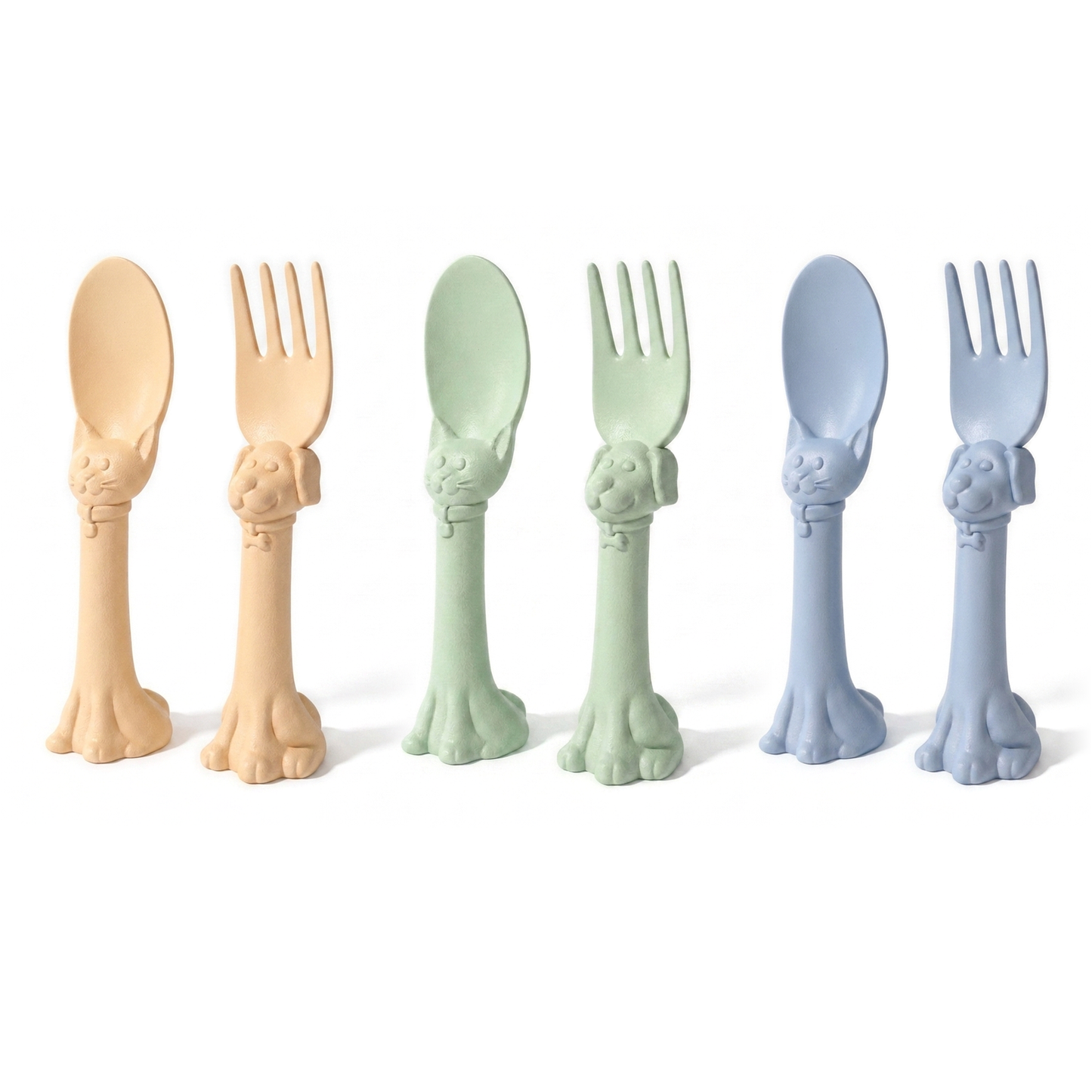 Spoon la la Made in USA Toddler Utensils Set - 6 Pack (3 Spoons & 3 Forks for Kids) - Self-Standing 3D Ergonomic Cat & Dog Handles - BPA-free, Dishwasher Safe, Baby Silverware (Pink, Blue, Yellow)