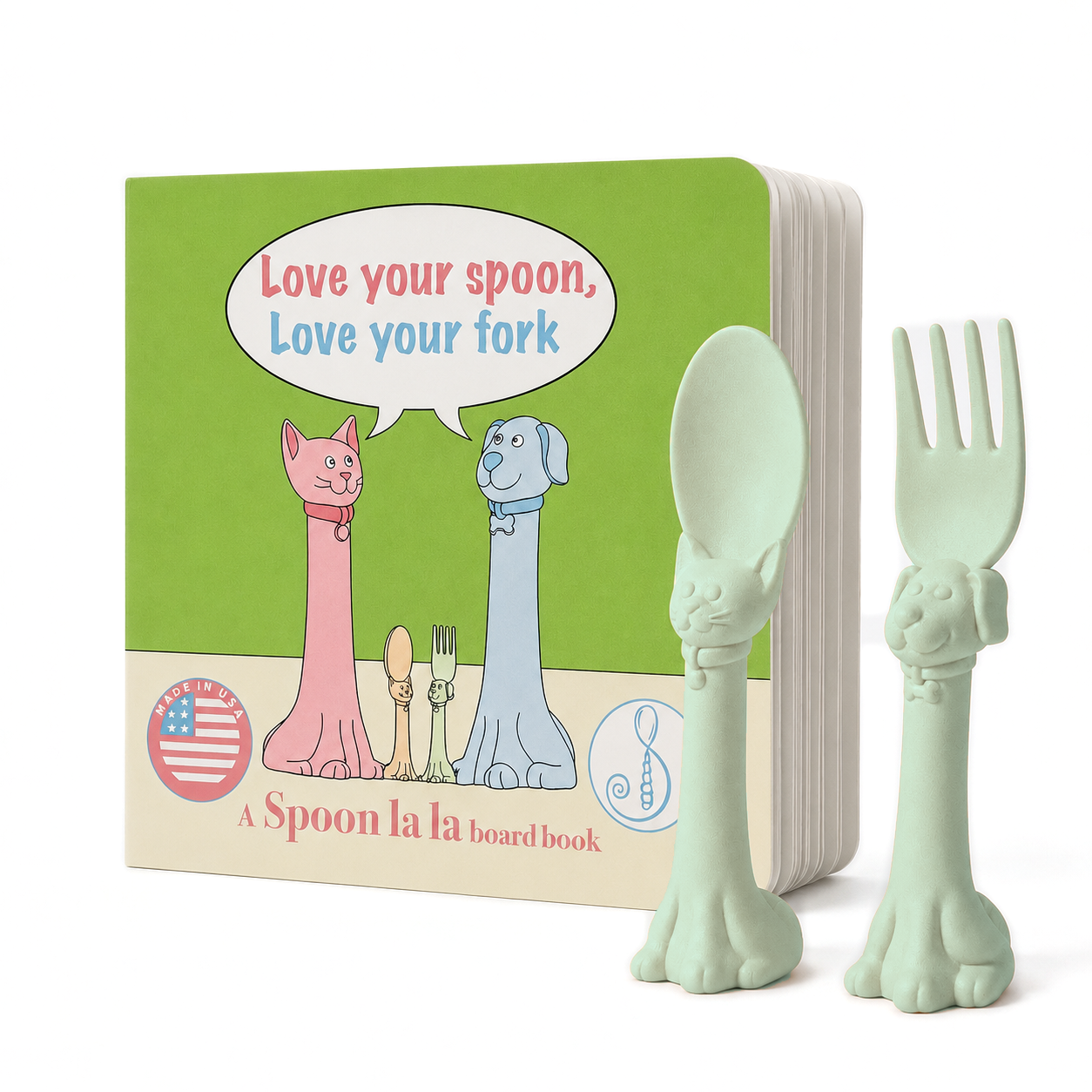 Spoon la la Made in USA Toddler Utensils set Silverware Set (2 Pack) & Board Book - Spoon & Fork for Kids, Self-Standing 3D Ergonomic Cat & Dog Handles, BPA-free, Dishwasher Safe Baby Silverware (Blue)