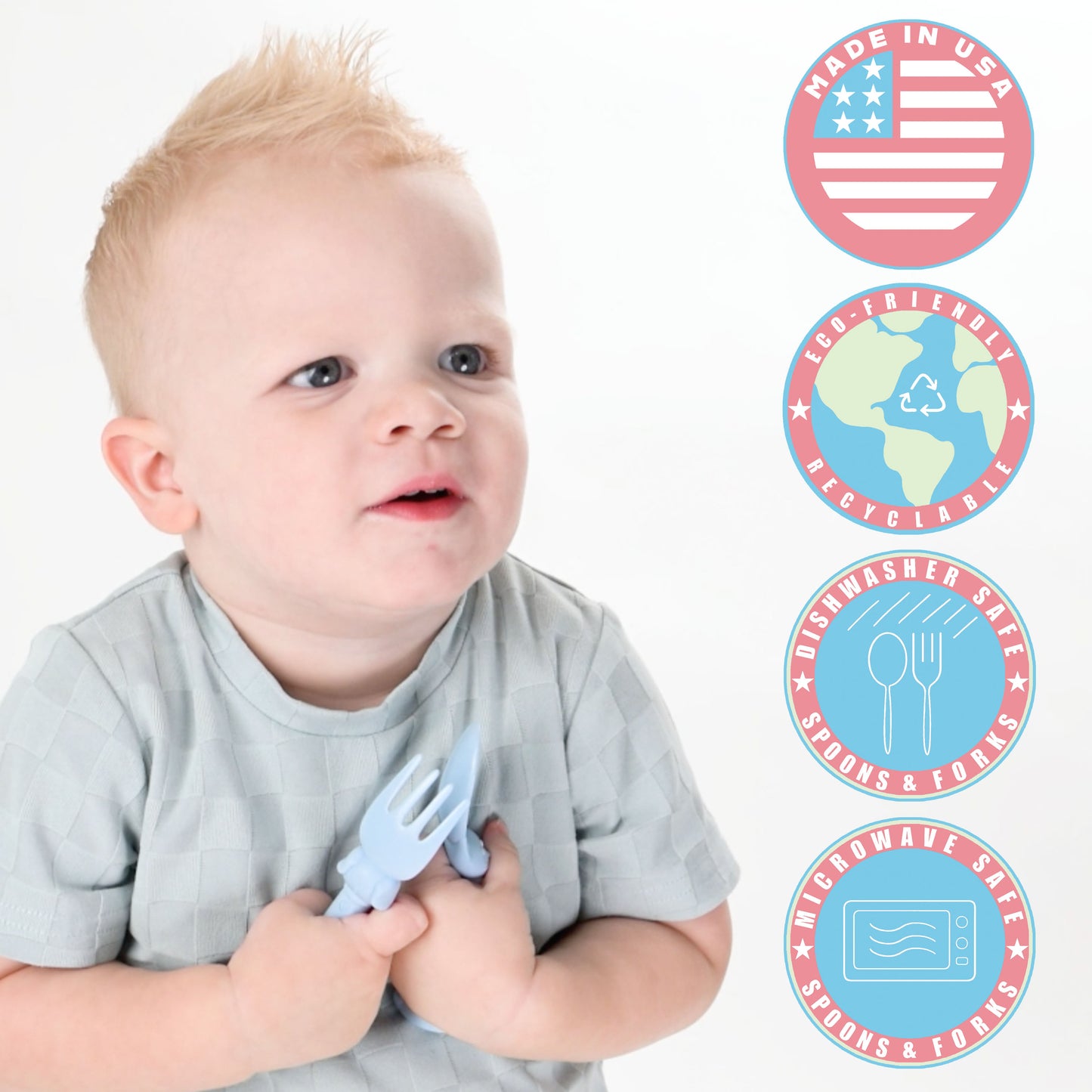 Made in USA Spoon la la Toddler Utensils Set - 6 Pack (3 Spoons & 3 Forks for Kids) - Self-Standing 3D Ergonomic Cat & Dog Handles - BPA-free, Dishwasher Safe, Baby Silverware (Blue, Pink, Mint)