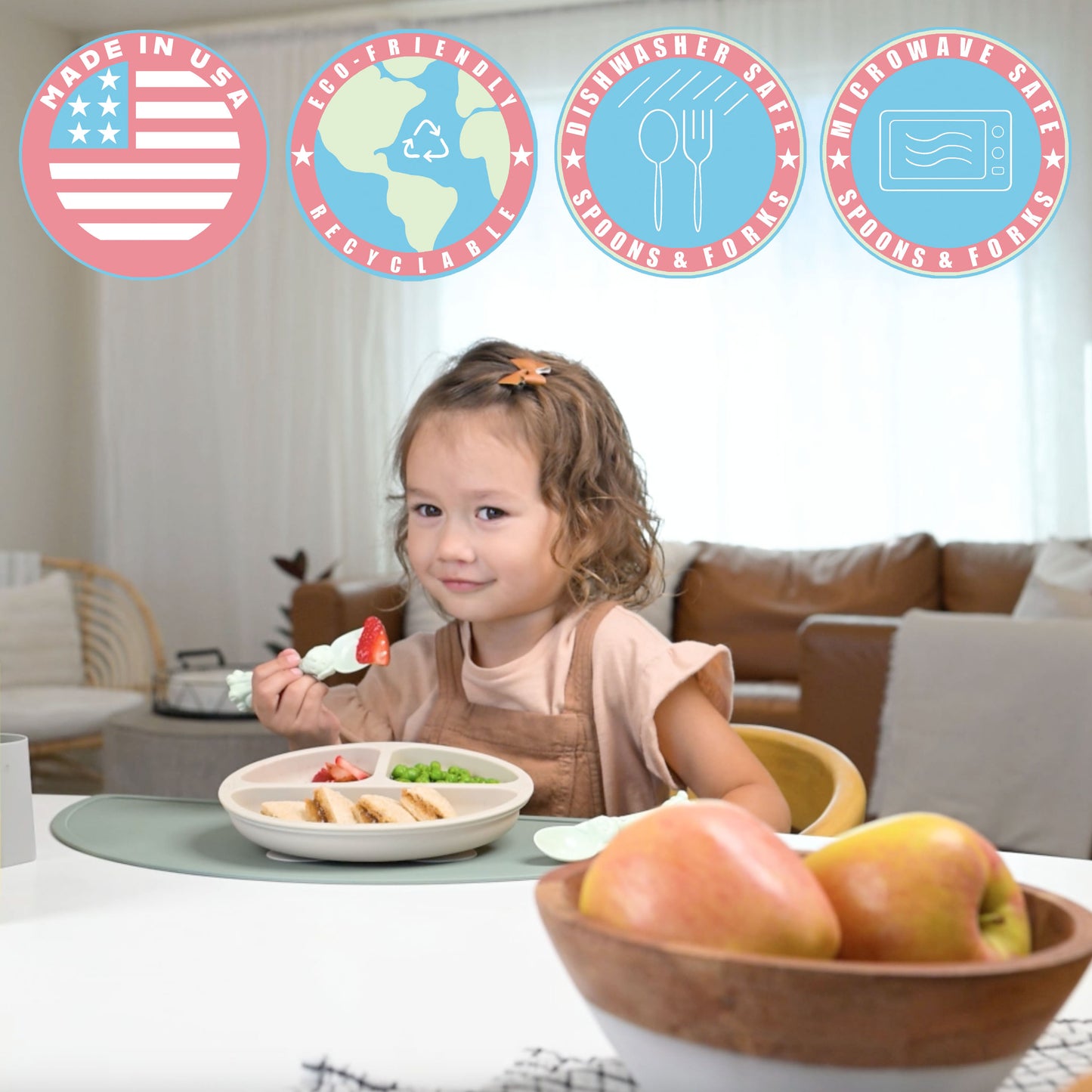 Made in USA Spoon la la Toddler Utensils Set - 6 Pack (3 Spoons & 3 Forks for Kids) - Self-Standing 3D Ergonomic Cat & Dog Handles - BPA-free, Dishwasher Safe, Baby Silverware (Blue, Yellow, Mint)