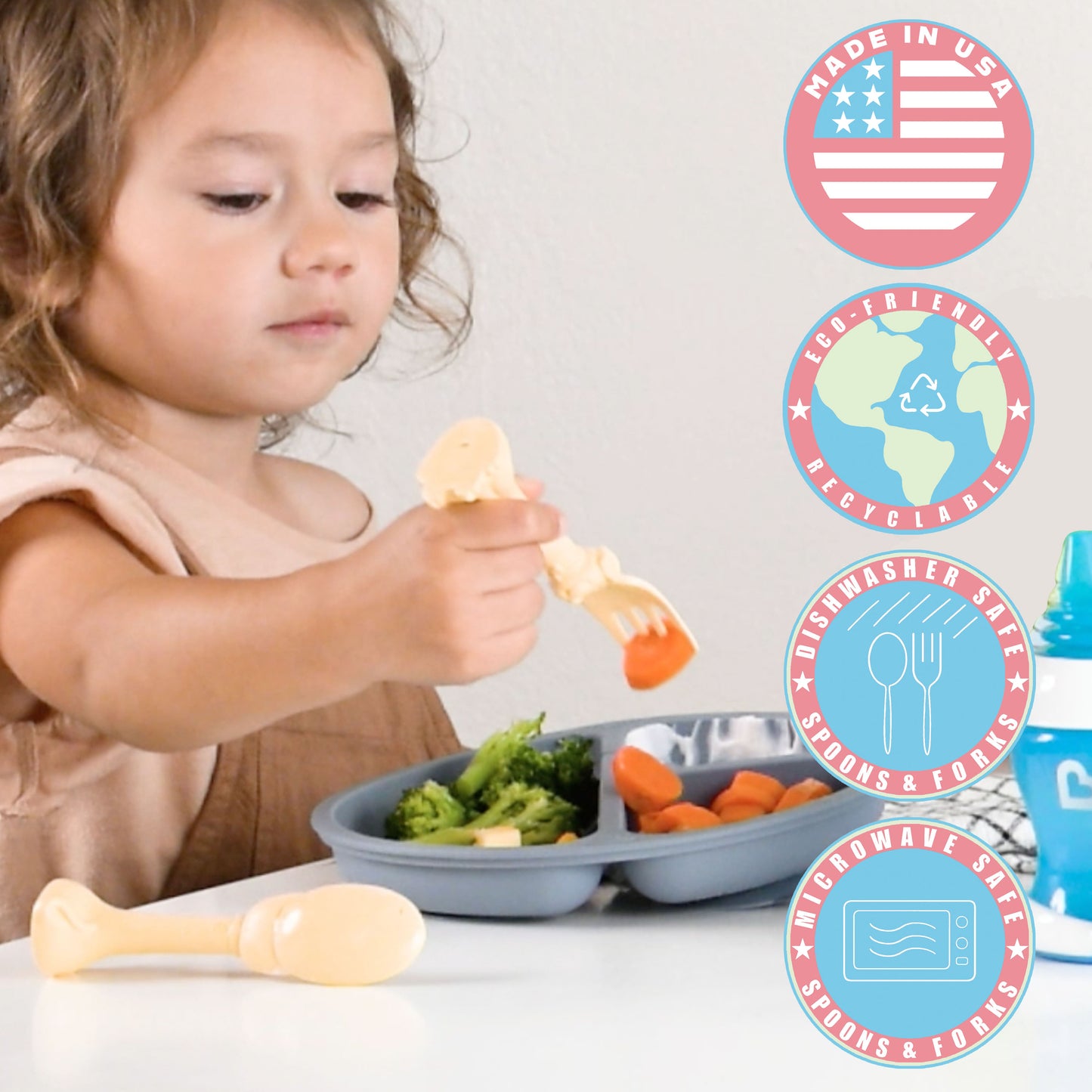 Made in USA Spoon la la Toddler Utensils Set - 6 Pack (3 Spoons & 3 Forks for Kids) - Self-Standing 3D Ergonomic Cat & Dog Handles - BPA-free, Dishwasher Safe, Baby Silverware (Pink, Blue, Yellow)