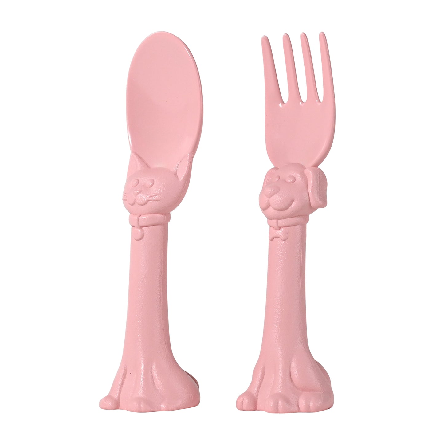 Spoon la la Made in USA Toddler Utensils Silverware Set - 2 Pack (1 Spoon & 1 Fork for Kids) - Self-Standing 3D Ergonomic Cat & Dog Handles - BPA-free, Dishwasher Safe, Baby Silverware (Pink)