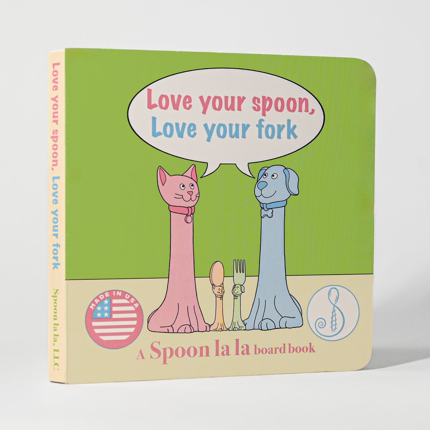 Made in USA Spoon la la Toddler Utensils Set (2 Pack) & Board Book - Spoon & Fork for Kids, Self-Standing 3D Ergonomic Cat & Dog Handles, BPA-free, Dishwasher Safe Baby Silverware (Yellow)