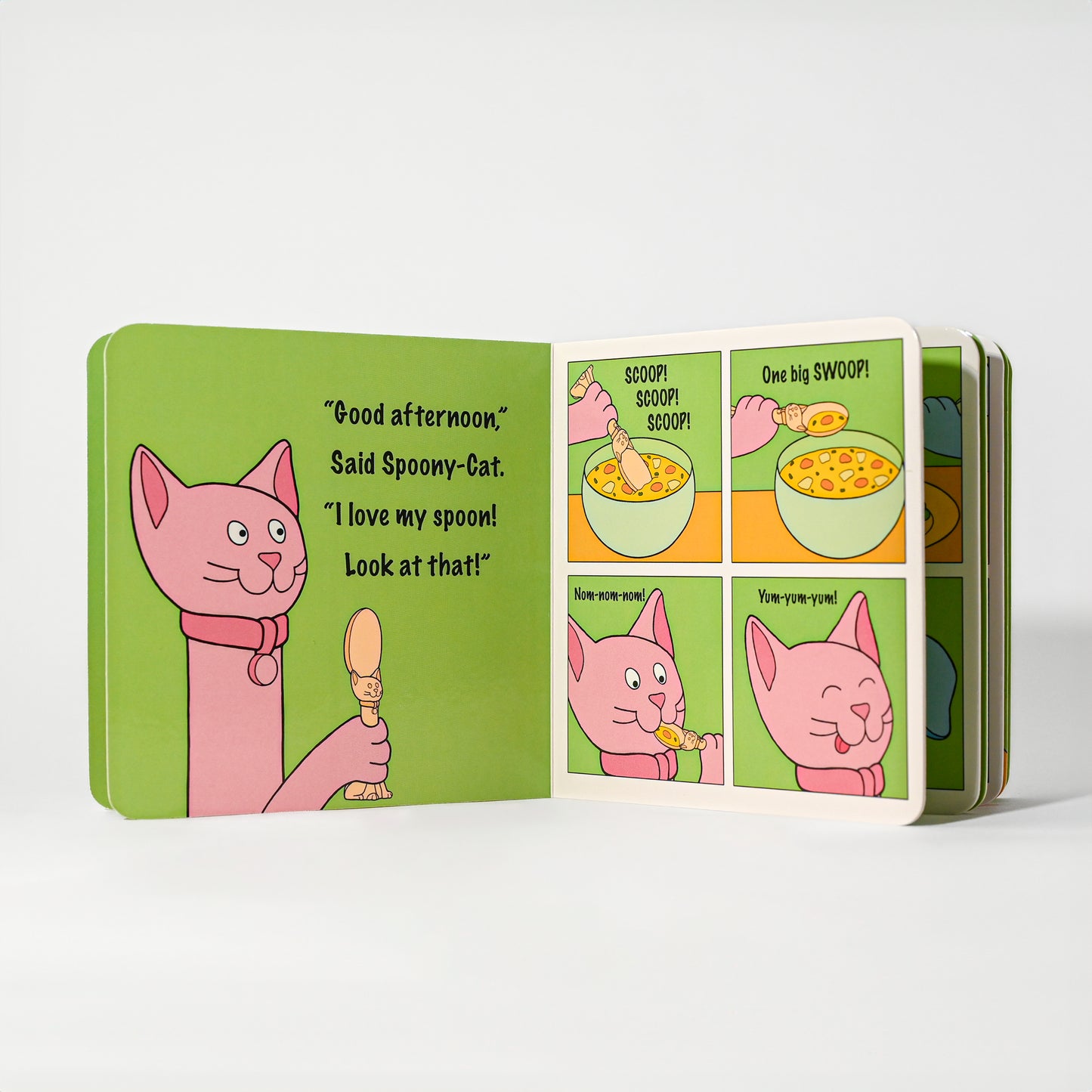 Made in USA Spoon la la Toddler Utensils Silverware Set (2 Pack) & Board Book - Spoon & Fork for Kids, Self-Standing 3D Ergonomic Cat & Dog Handles, BPA-free, Dishwasher Safe Baby Silverware (Pink)