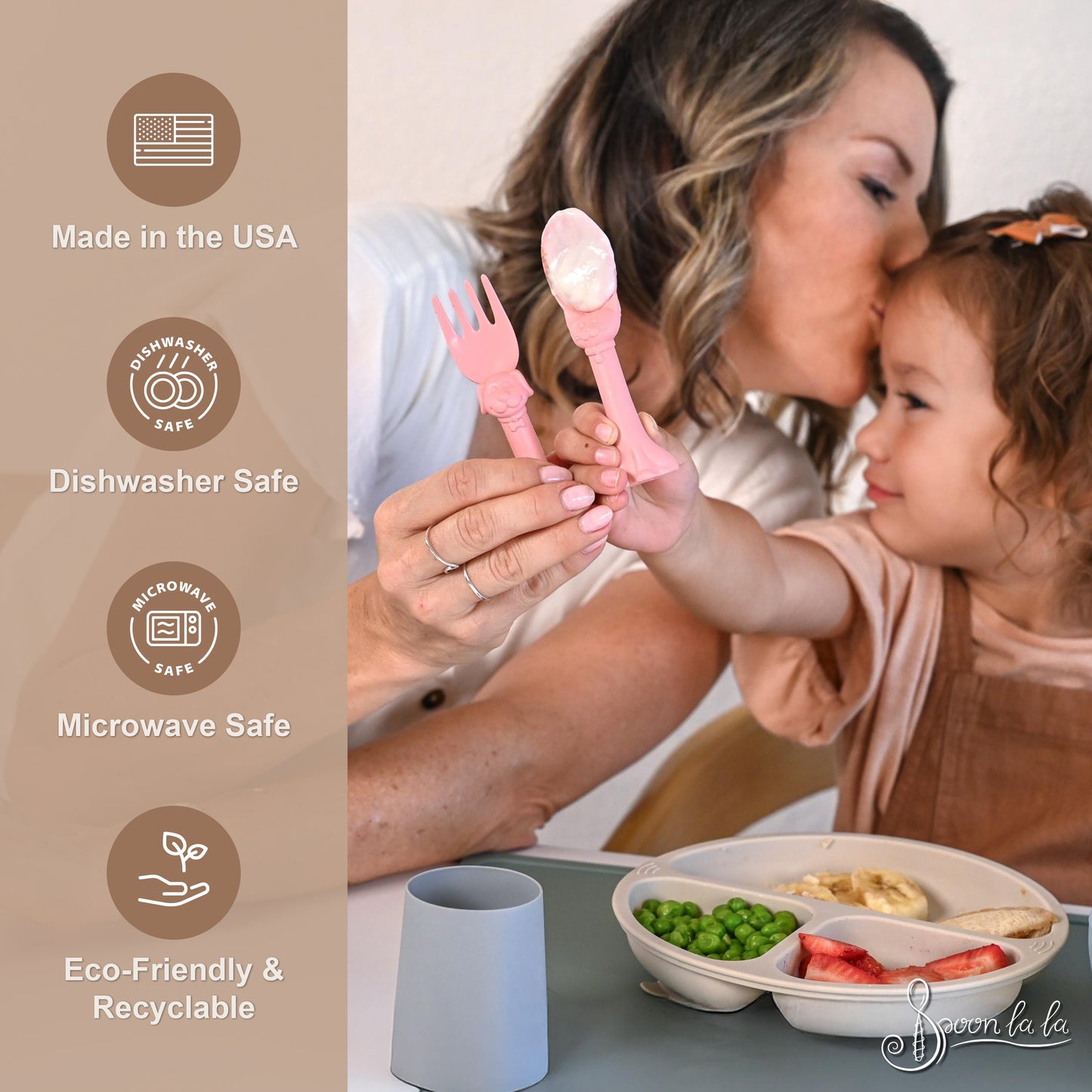 Made in USA Spoon la la Toddler Utensils Set - 6 Pack (3 Spoons & 3 Forks for Kids) - Self-Standing 3D Ergonomic Cat & Dog Handles - BPA-free, Dishwasher Safe, Baby Silverware (Pink, Blue, Yellow)