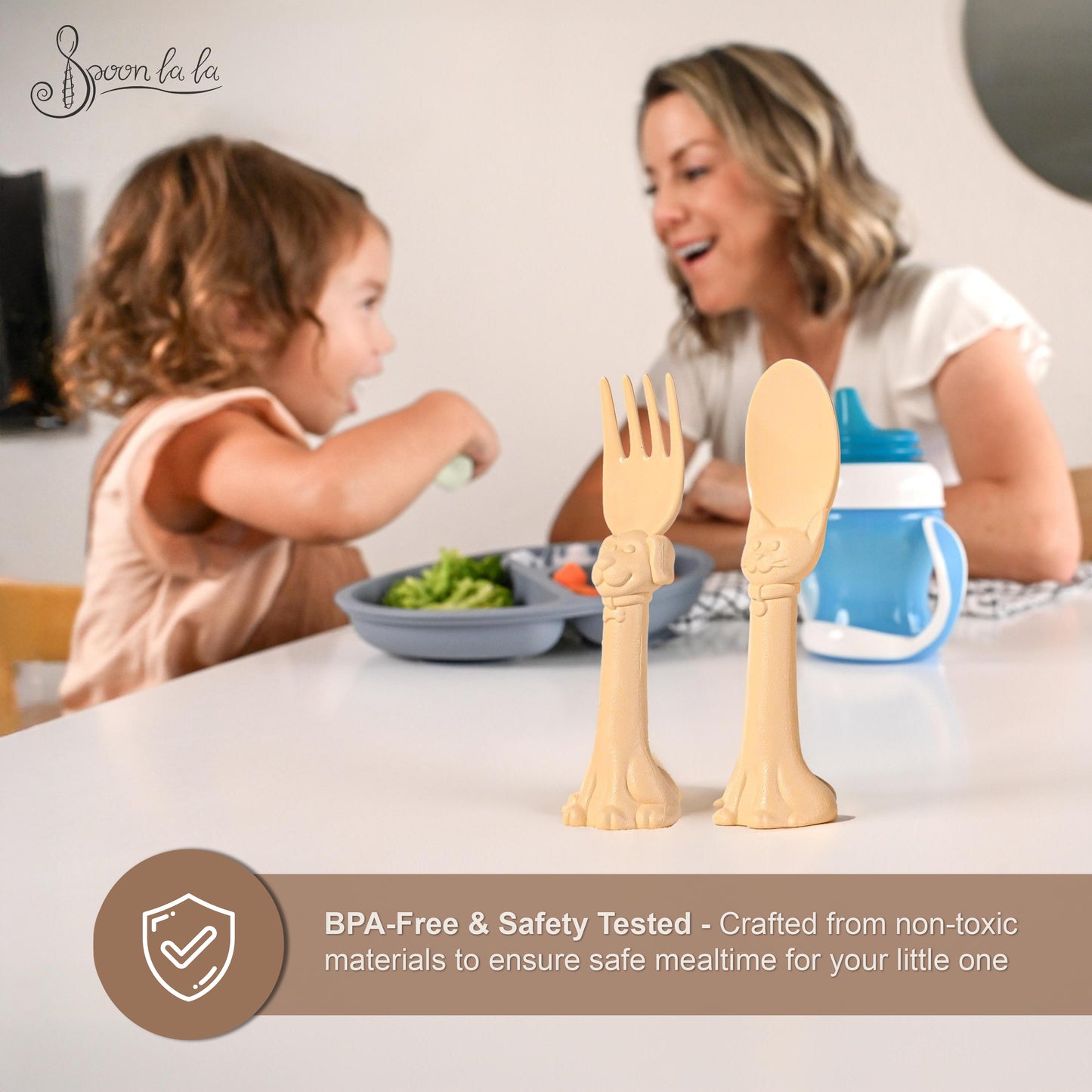 Made in USA Spoon la la Toddler Utensils Set - 6 Pack (3 Spoons & 3 Forks for Kids) - Self-Standing 3D Ergonomic Cat & Dog Handles - BPA-free, Dishwasher Safe, Baby Silverware (Pink, Blue, Yellow)