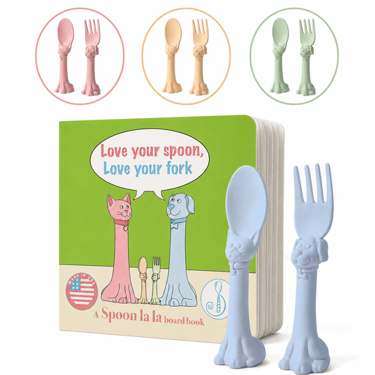 Spoon la la Made in USA Toddler Utensils set Silverware Set (2 Pack) & Board Book - Spoon & Fork for Kids, Self-Standing 3D Ergonomic Cat & Dog Handles, BPA-free, Dishwasher Safe Baby Silverware (Blue)