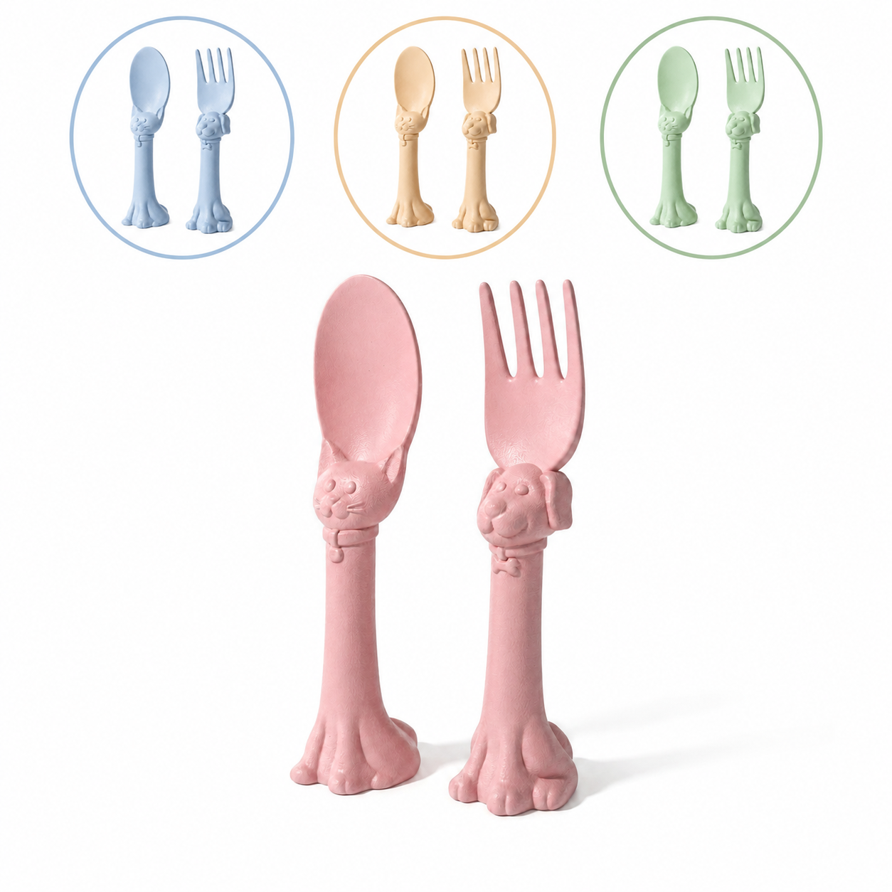 Spoon la la Made in USA Toddler Utensils Silverware Set - 2 Pack (1 Spoon & 1 Fork for Kids) - Self-Standing 3D Ergonomic Cat & Dog Handles - BPA-free, Dishwasher Safe, Baby Silverware