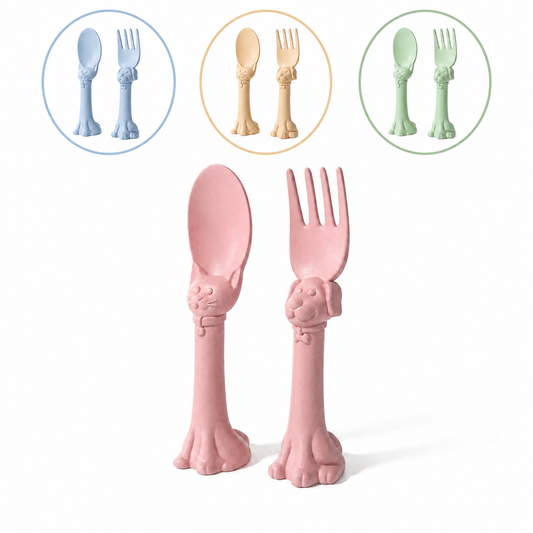 Spoon la la Made in USA Toddler Utensils Silverware Set - 2 Pack (1 Spoon & 1 Fork for Kids) - Self-Standing 3D Ergonomic Cat & Dog Handles - BPA-free, Dishwasher Safe, Baby Silverware