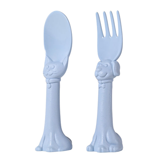 Made in USA Spoon la la Toddler Utensils Silverware Set - 2 Pack (1 Spoon & 1 Fork for Kids) - Self-Standing 3D Ergonomic Cat & Dog Handles - BPA-free, Dishwasher Safe, Baby Silverware (Blue)