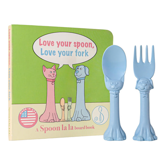 Made in USA Spoon la la Toddler Utensils set Silverware Set (2 Pack) & Board Book - Spoon & Fork for Kids, Self-Standing 3D Ergonomic Cat & Dog Handles, BPA-free, Dishwasher Safe Baby Silverware (Blue)