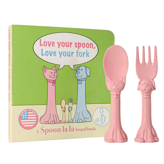 Made in USA Spoon la la Toddler Utensils Silverware Set (2 Pack) & Board Book - Spoon & Fork for Kids, Self-Standing 3D Ergonomic Cat & Dog Handles, BPA-free, Dishwasher Safe Baby Silverware (Pink)