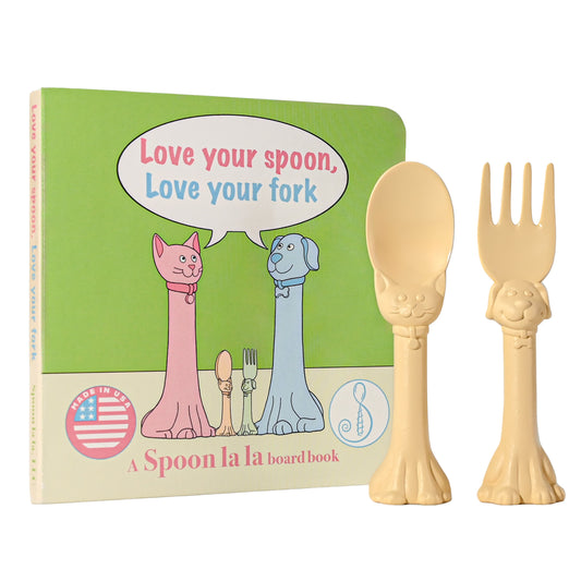 Made in USA Spoon la la Toddler Utensils Set (2 Pack) & Board Book - Spoon & Fork for Kids, Self-Standing 3D Ergonomic Cat & Dog Handles, BPA-free, Dishwasher Safe Baby Silverware (Yellow)