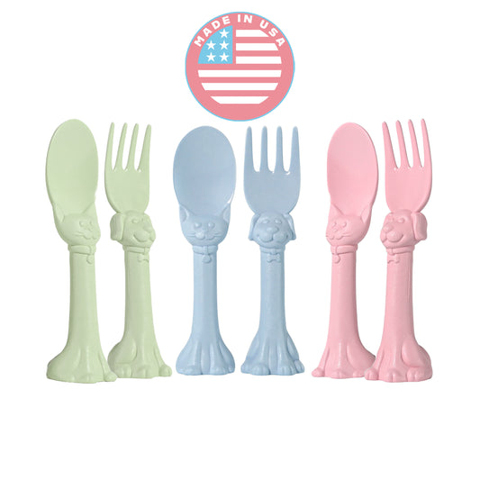 Made in USA Spoon la la Toddler Utensils Set - 6 Pack (3 Spoons & 3 Forks for Kids) - Self-Standing 3D Ergonomic Cat & Dog Handles - BPA-free, Dishwasher Safe, Baby Silverware (Blue, Pink, Mint)