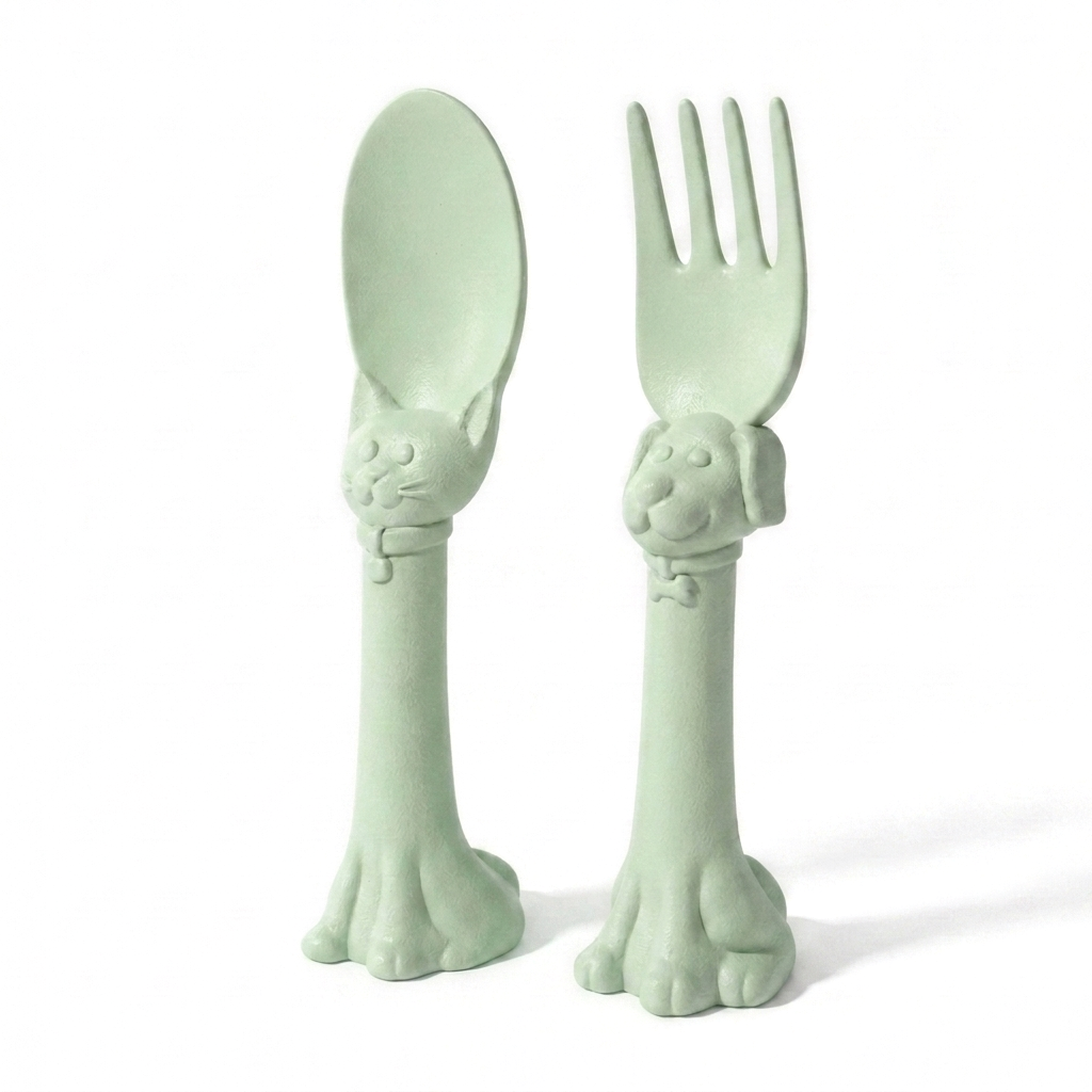 Spoon la la Made in USA Toddler Utensils Silverware Set - 2 Pack (1 Spoon & 1 Fork for Kids) - Self-Standing 3D Ergonomic Cat & Dog Handles - BPA-free, Dishwasher Safe, Baby Silverware