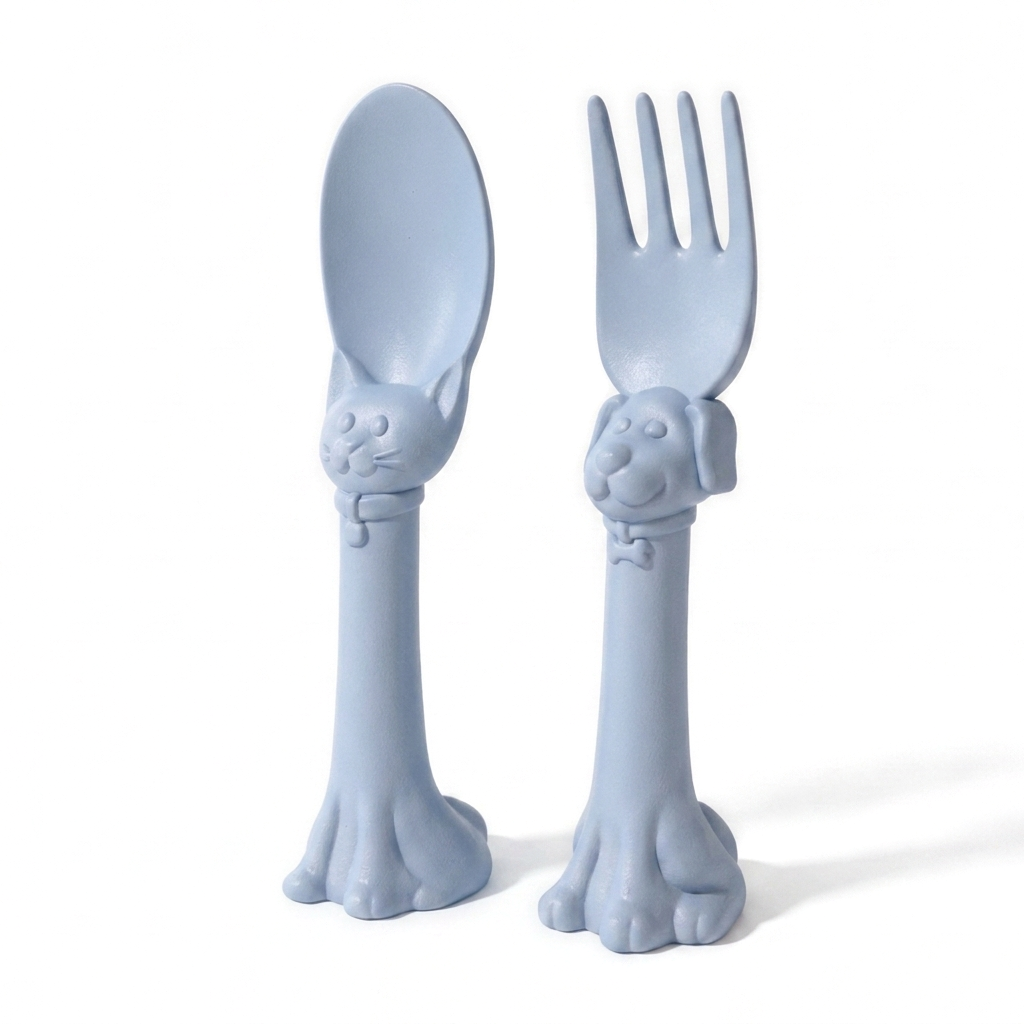 Spoon la la Made in USA Toddler Utensils Silverware Set - 2 Pack (1 Spoon & 1 Fork for Kids) - Self-Standing 3D Ergonomic Cat & Dog Handles - BPA-free, Dishwasher Safe, Baby Silverware