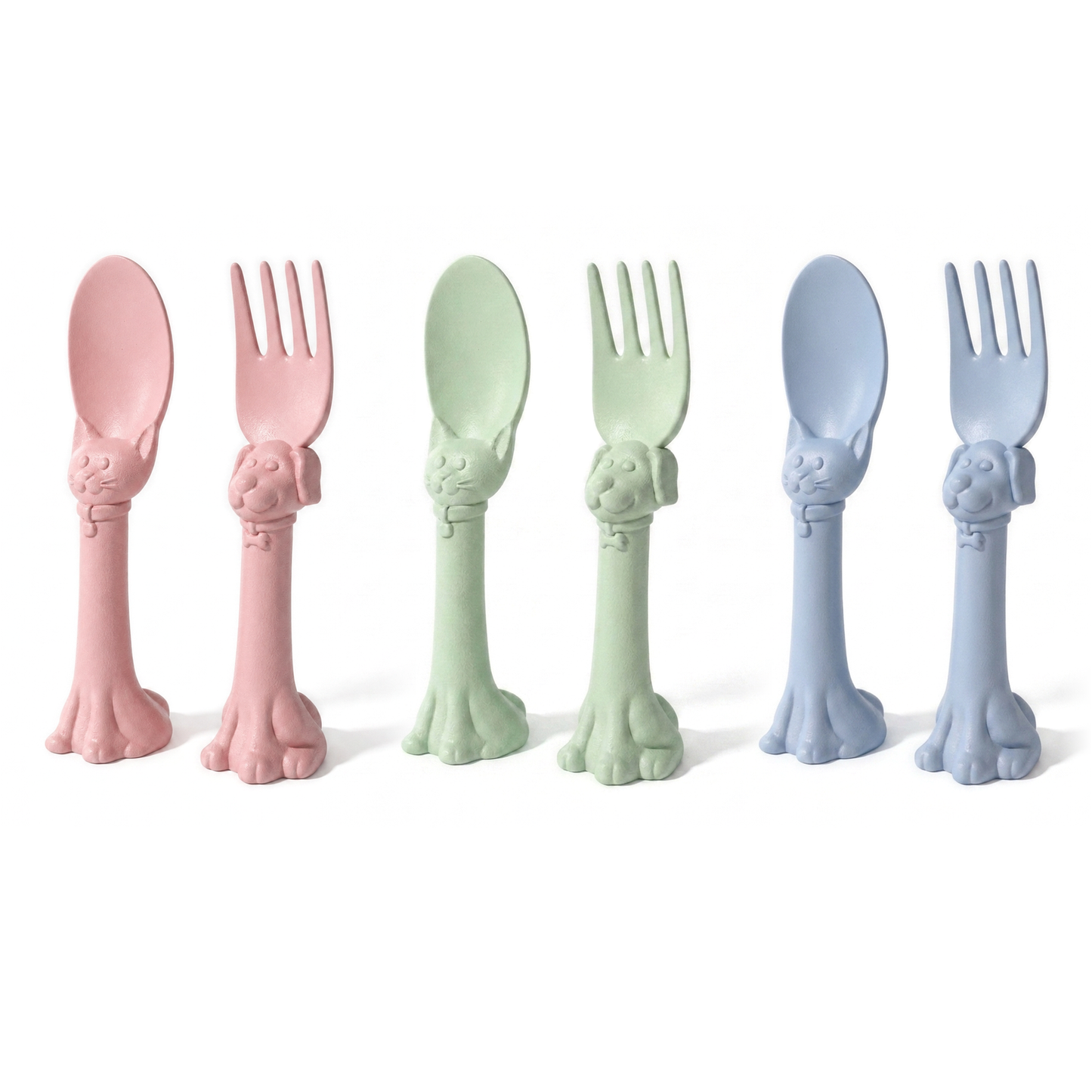 Spoon la la  Made in USA Toddler Utensils Set - 6 Pack (3 Spoons & 3 Forks for Kids) - Self-Standing 3D Ergonomic Cat & Dog Handles - BPA-free, Dishwasher Safe, Baby Silverware (Pink, Blue, Yellow)