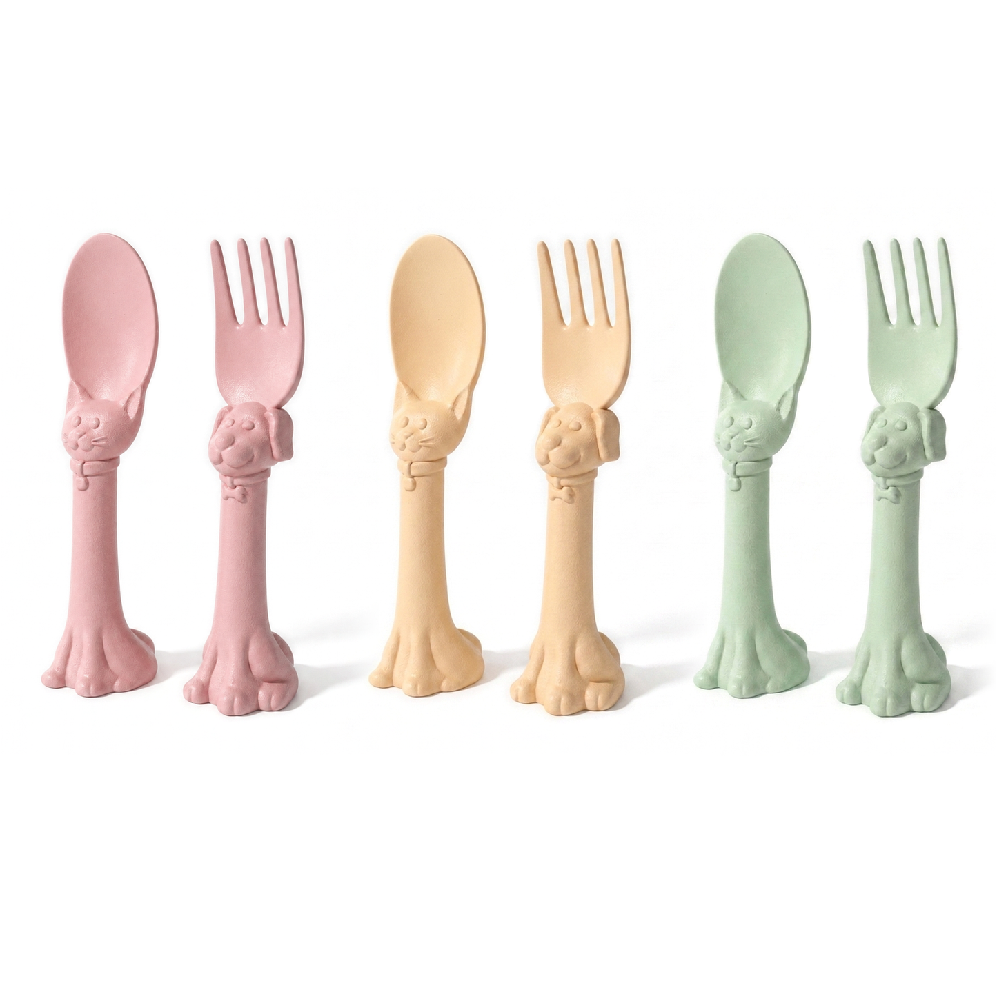 Spoon la la  Made in USA Toddler Utensils Set - 6 Pack (3 Spoons & 3 Forks for Kids) - Self-Standing 3D Ergonomic Cat & Dog Handles - BPA-free, Dishwasher Safe, Baby Silverware (Pink, Blue, Yellow)