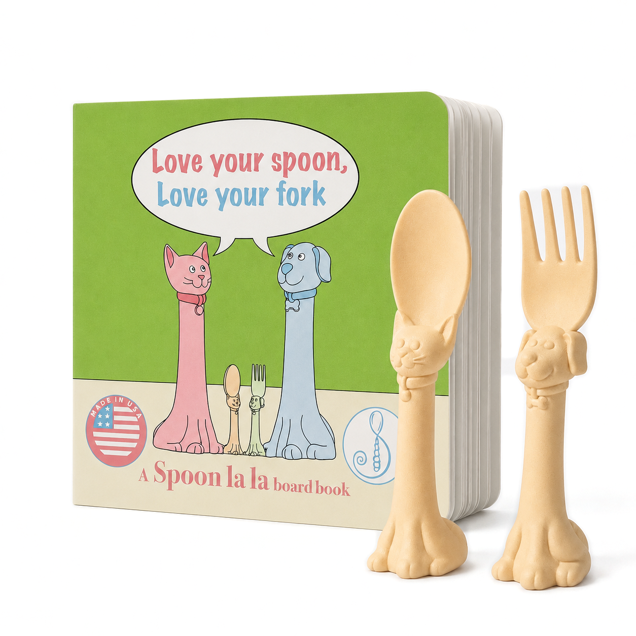 Spoon la la Made in USA Toddler Utensils set Silverware Set (2 Pack) & Board Book - Spoon & Fork for Kids, Self-Standing 3D Ergonomic Cat & Dog Handles, BPA-free, Dishwasher Safe Baby Silverware (Blue)
