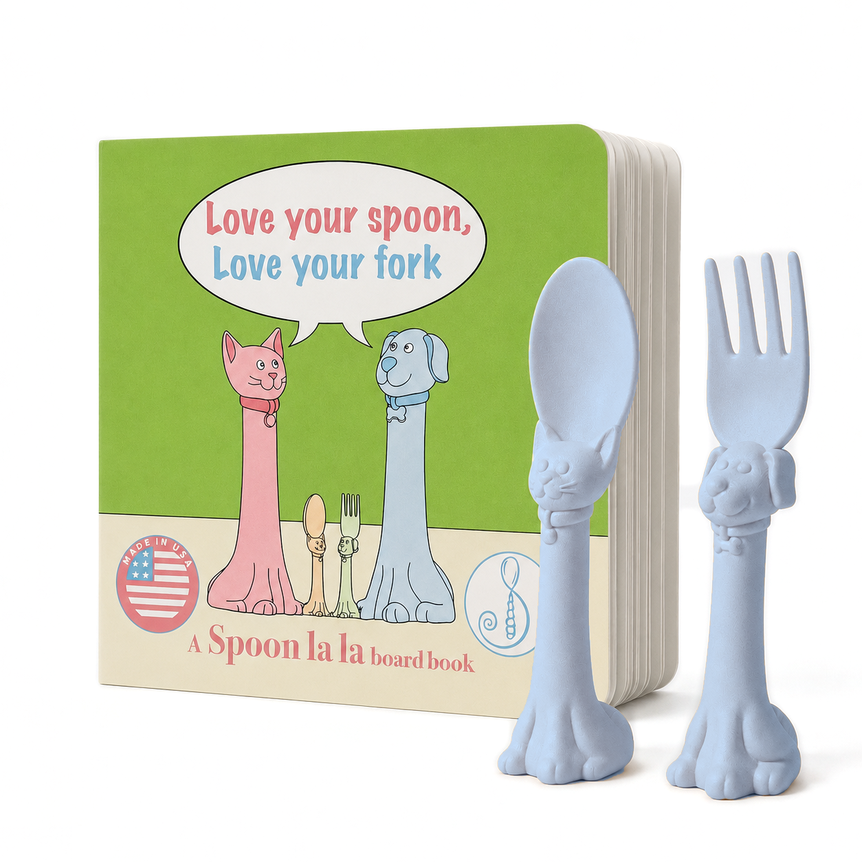 Spoon la la Made in USA Toddler Utensils set Silverware Set (2 Pack) & Board Book - Spoon & Fork for Kids, Self-Standing 3D Ergonomic Cat & Dog Handles, BPA-free, Dishwasher Safe Baby Silverware (Blue)