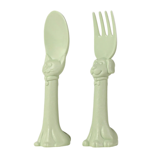 Made in USA Spoon la la Toddler Utensils Silverware Set - 2 Pack (1 Spoon & 1 Fork for Kids) - Self-Standing 3D Ergonomic Cat & Dog Handles - BPA-free, Dishwasher Safe, Baby Silverware (Mint Green)