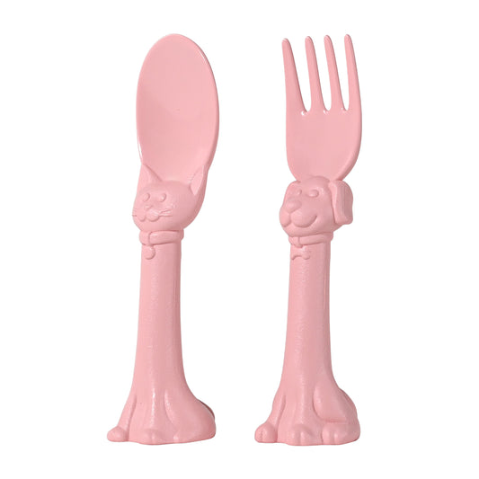 Spoon la la Made in USA Toddler Utensils Silverware Set - 2 Pack (1 Spoon & 1 Fork for Kids) - Self-Standing 3D Ergonomic Cat & Dog Handles - BPA-free, Dishwasher Safe, Baby Silverware (Pink)