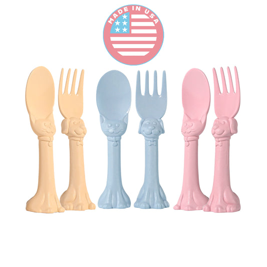 Made in USA Spoon la la Toddler Utensils Set - 6 Pack (3 Spoons & 3 Forks for Kids) - Self-Standing 3D Ergonomic Cat & Dog Handles - BPA-free, Dishwasher Safe, Baby Silverware (Pink, Blue, Yellow)