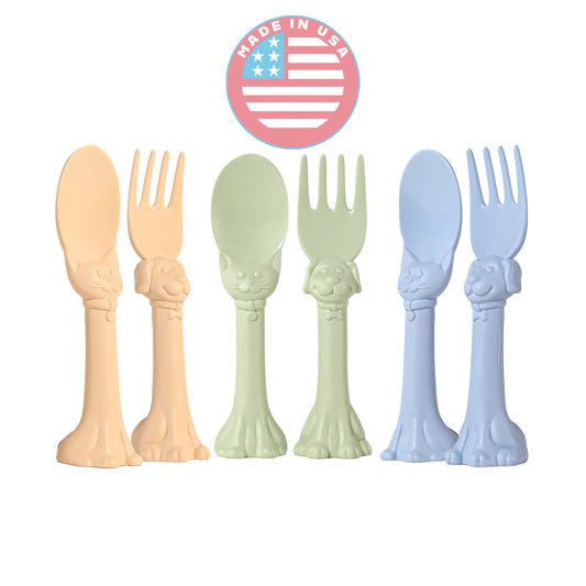 Made in USA Spoon la la Toddler Utensils Set - 6 Pack (3 Spoons & 3 Forks for Kids) - Self-Standing 3D Ergonomic Cat & Dog Handles - BPA-free, Dishwasher Safe, Baby Silverware (Blue, Yellow, Mint)