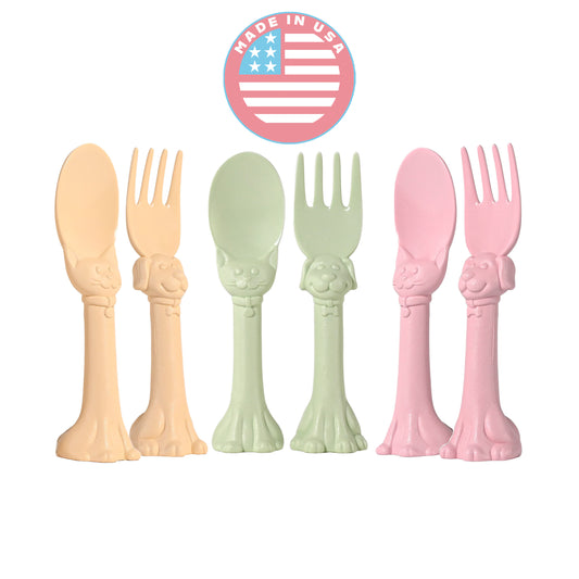 Spoon la la Made in USA Toddler Utensils Set - 6 Pack (3 Spoons & 3 Forks for Kids) - Self-Standing 3D Ergonomic Cat & Dog Handles - BPA-free, Dishwasher Safe, Baby Silverware (Pink, Yellow, Mint)