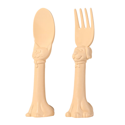 Spoon la la Made in USA  Toddler Utensils Silverware Set - 2 Pack (1 Spoon & 1 Fork for Kids) - Self-Standing 3D Ergonomic Cat & Dog Handles - BPA-free, Dishwasher Safe, Baby Silverware (Yellow)